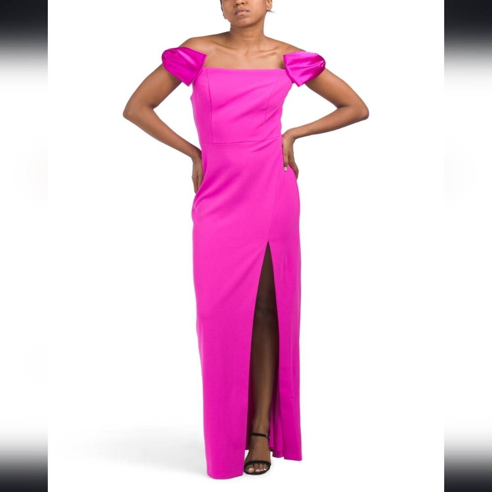 Off the shoulder satin bow gown with slit
